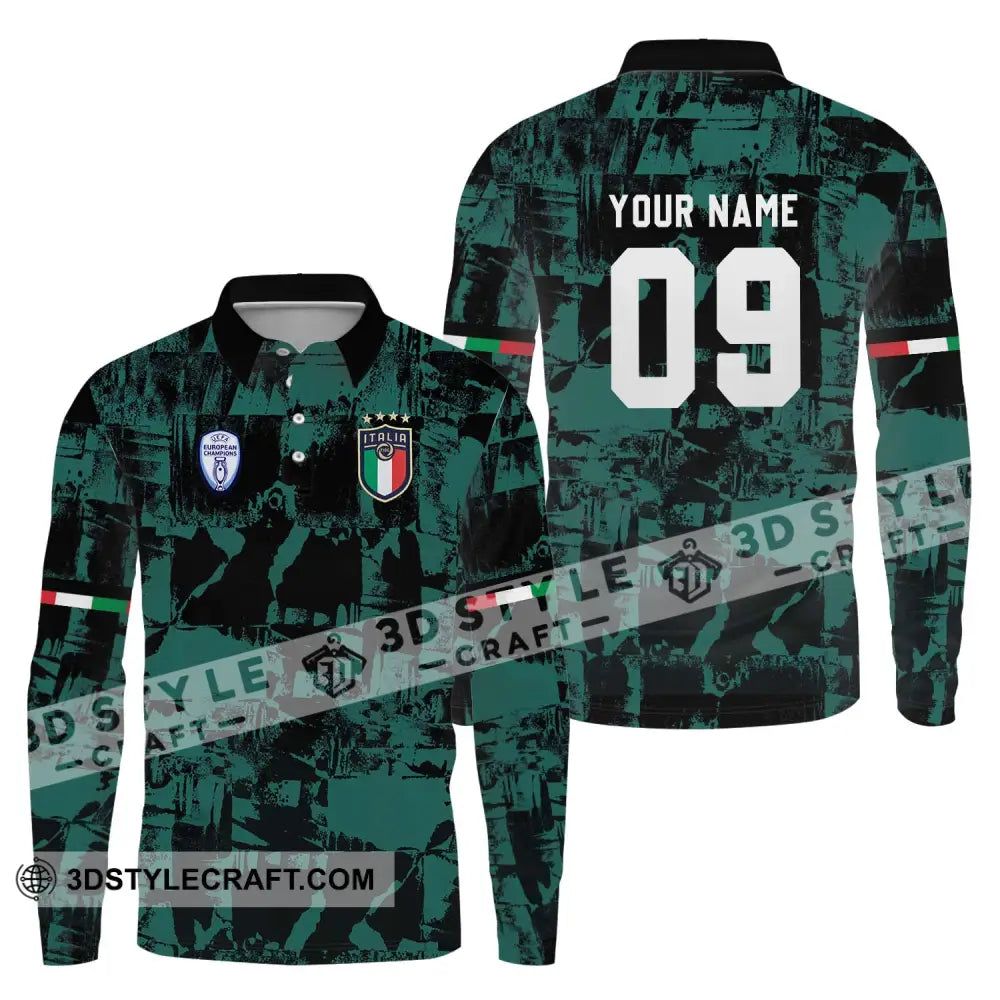 Unisex Shirt - Custom Name And Number Euro 2024 Italy National Team Black Green Long Sleeve Polo /