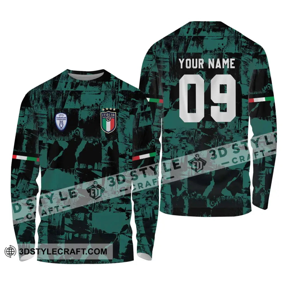 Unisex Shirt - Custom Name And Number Euro 2024 Italy National Team Black Green Long Sleeve / S