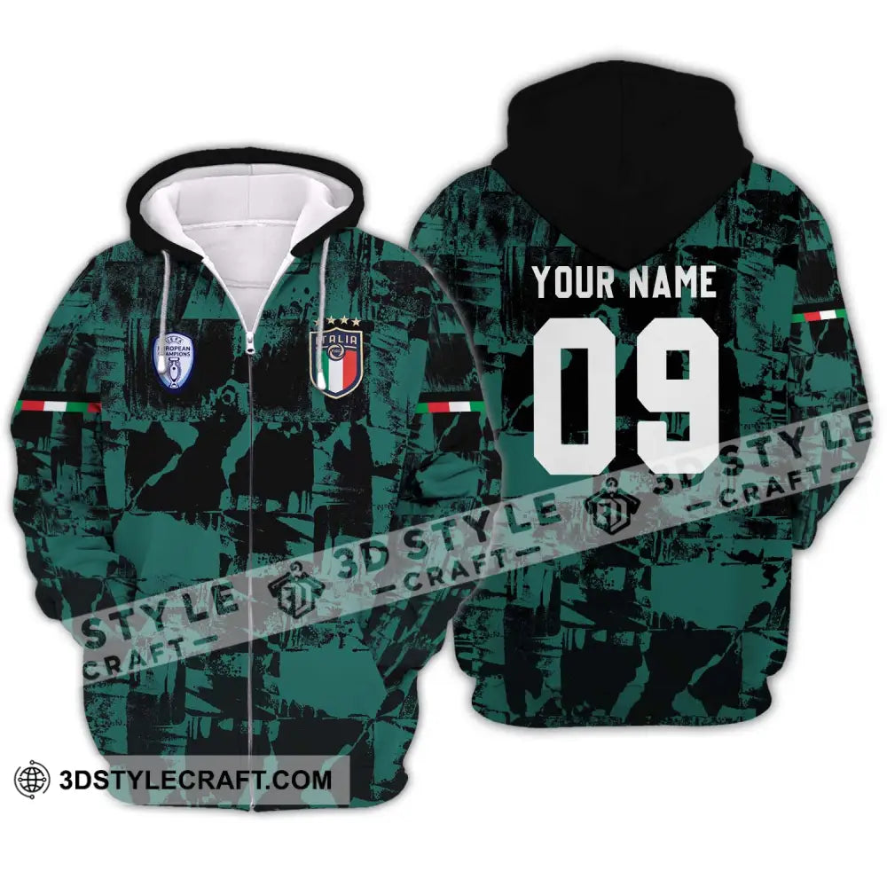 Unisex Shirt - Custom Name And Number Euro 2024 Italy National Team Black Green Zipper Hoodie / S