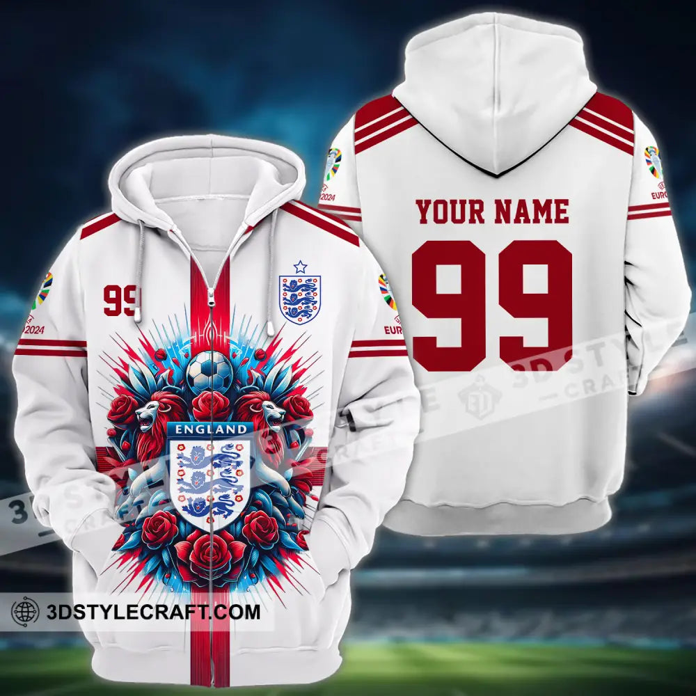 Unisex Shirt - Custom Name And Number Euro 2024 National Team England White Red Zipper Hoodie / S