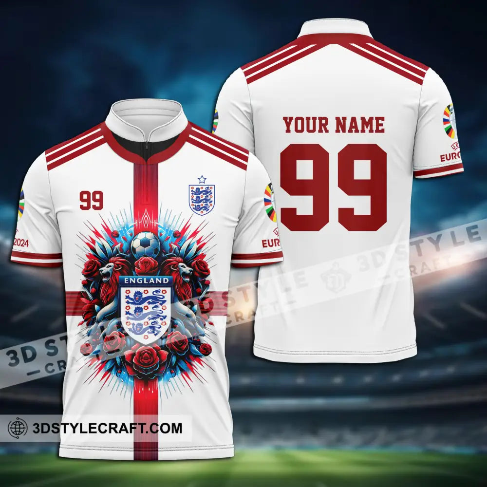 Unisex Shirt - Custom Name And Number Euro 2024 National Team England White Red Zipper Polo / S