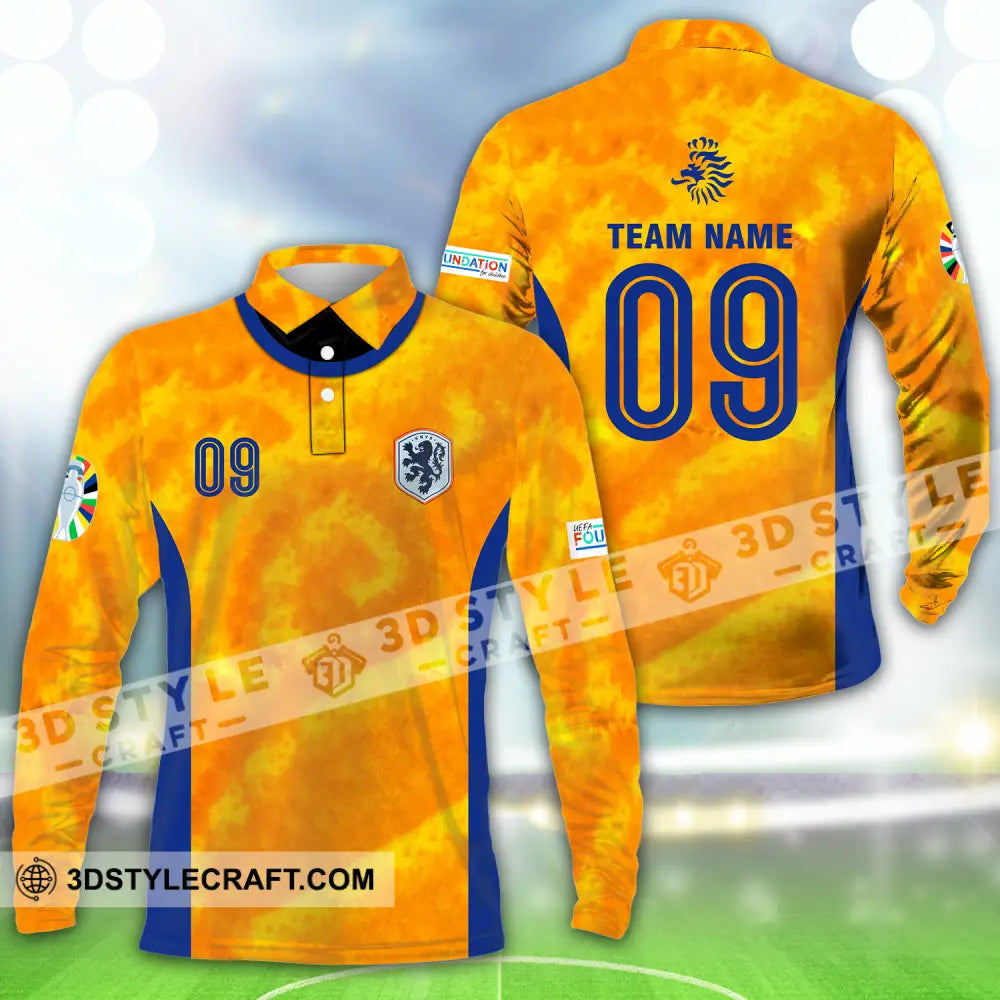 Unisex Shirt - Custom Name And Number Euro 2024 National Team Netherlands Knvb Long Sleeve Polo / S