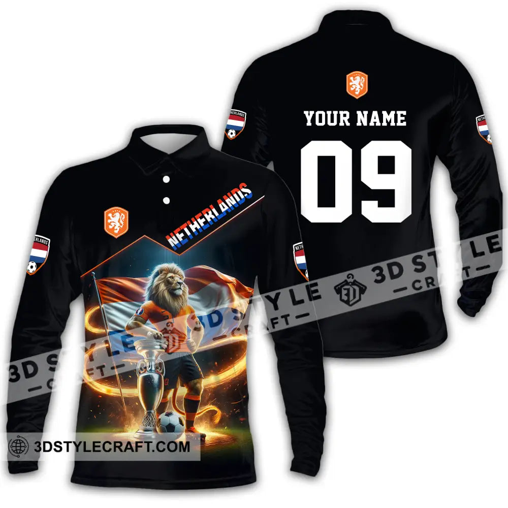 Unisex Shirt - Custom Name And Number Euro 2024 National Team Netherlands Lion Long Sleeve Polo / S