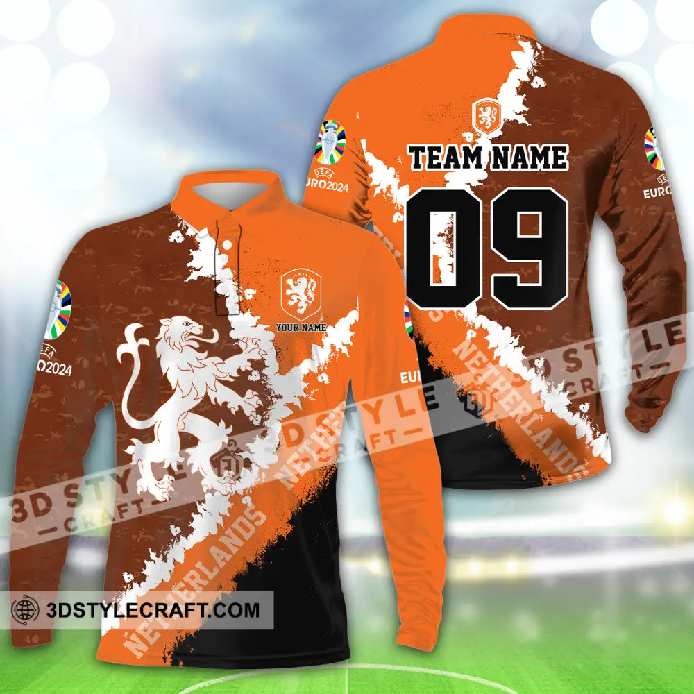 Unisex Shirt - Custom Name And Number Euro 2024 National Team Netherlands Long Sleeve Polo / S