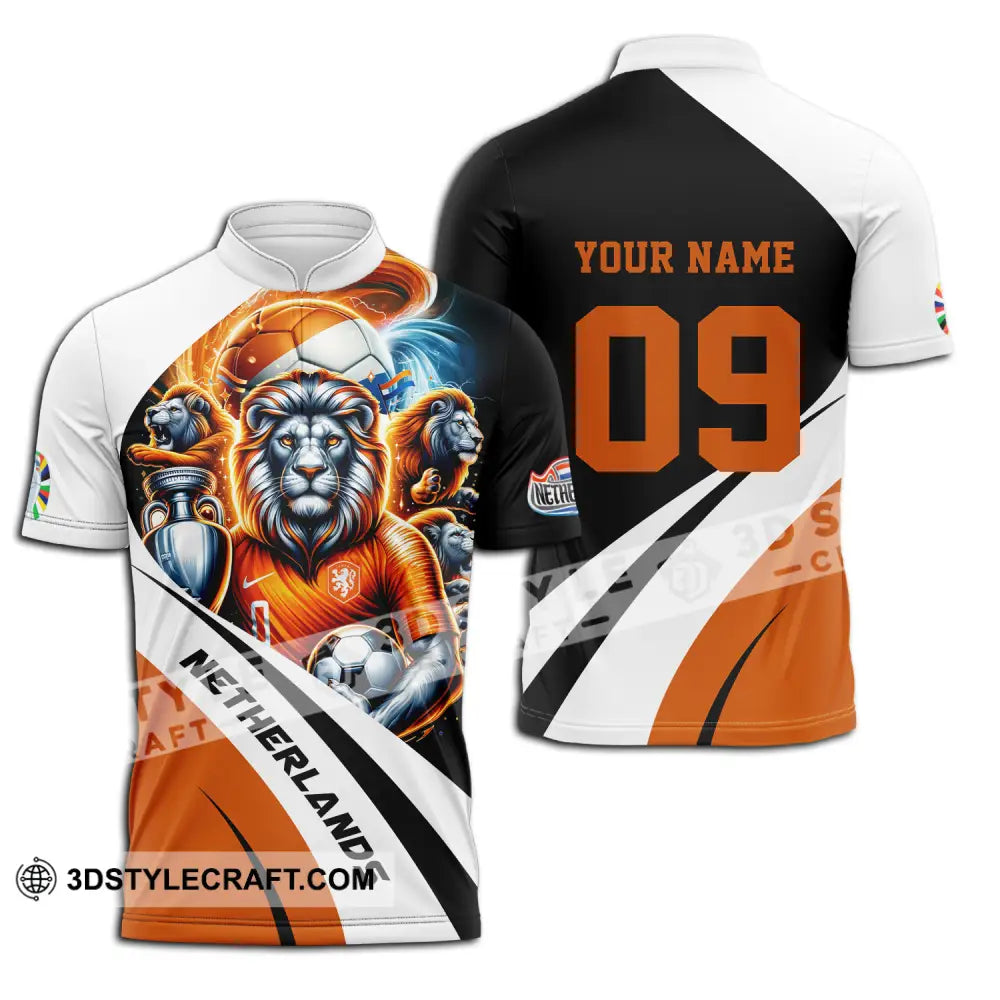 Unisex Shirt - Custom Name And Number Euro 2024 National Team Orange Lion Netherlands Zipper Polo /