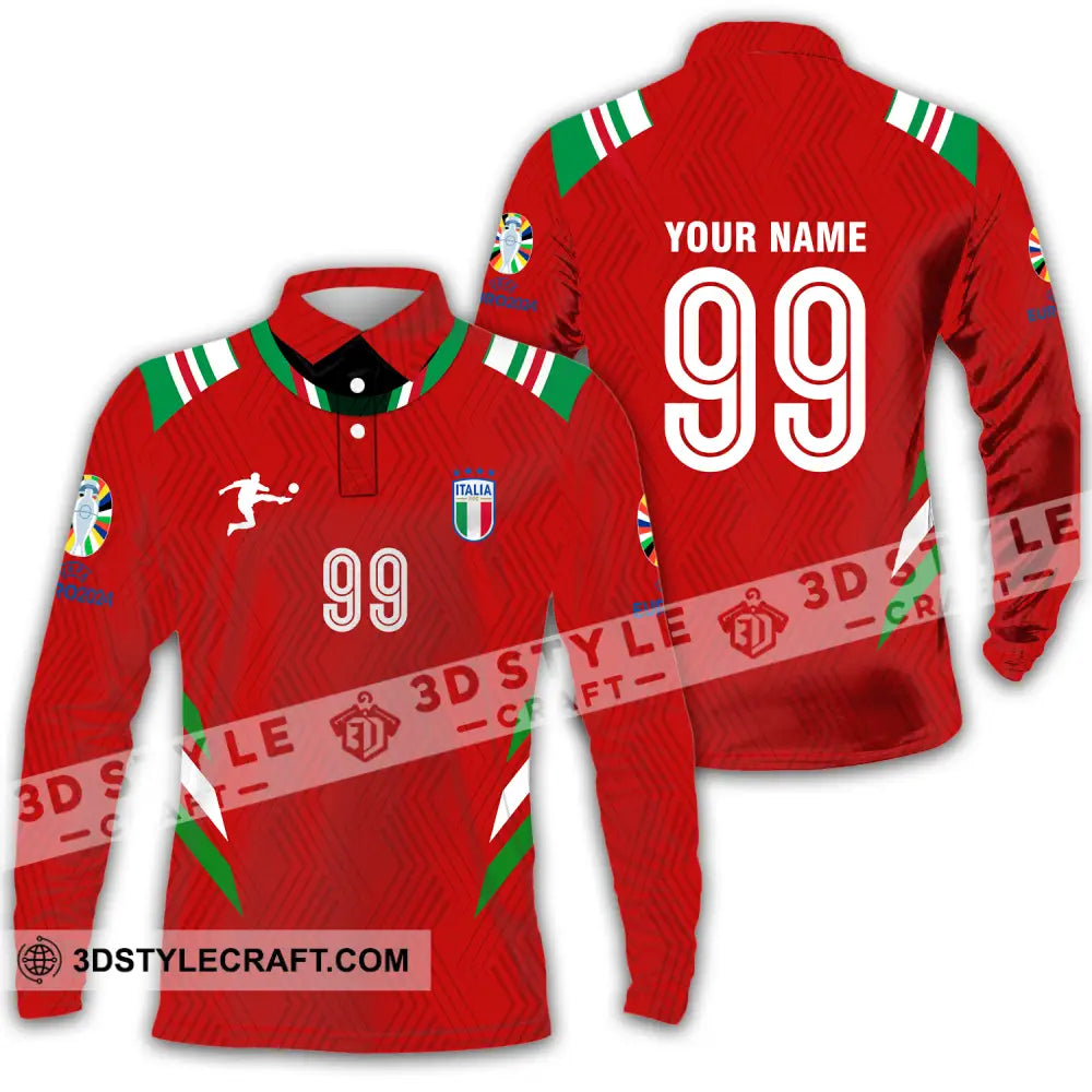 Unisex Shirt - Custom Name And Number Euro 2024 Red Italy National Team Long Sleeve Polo / S T-Shirt