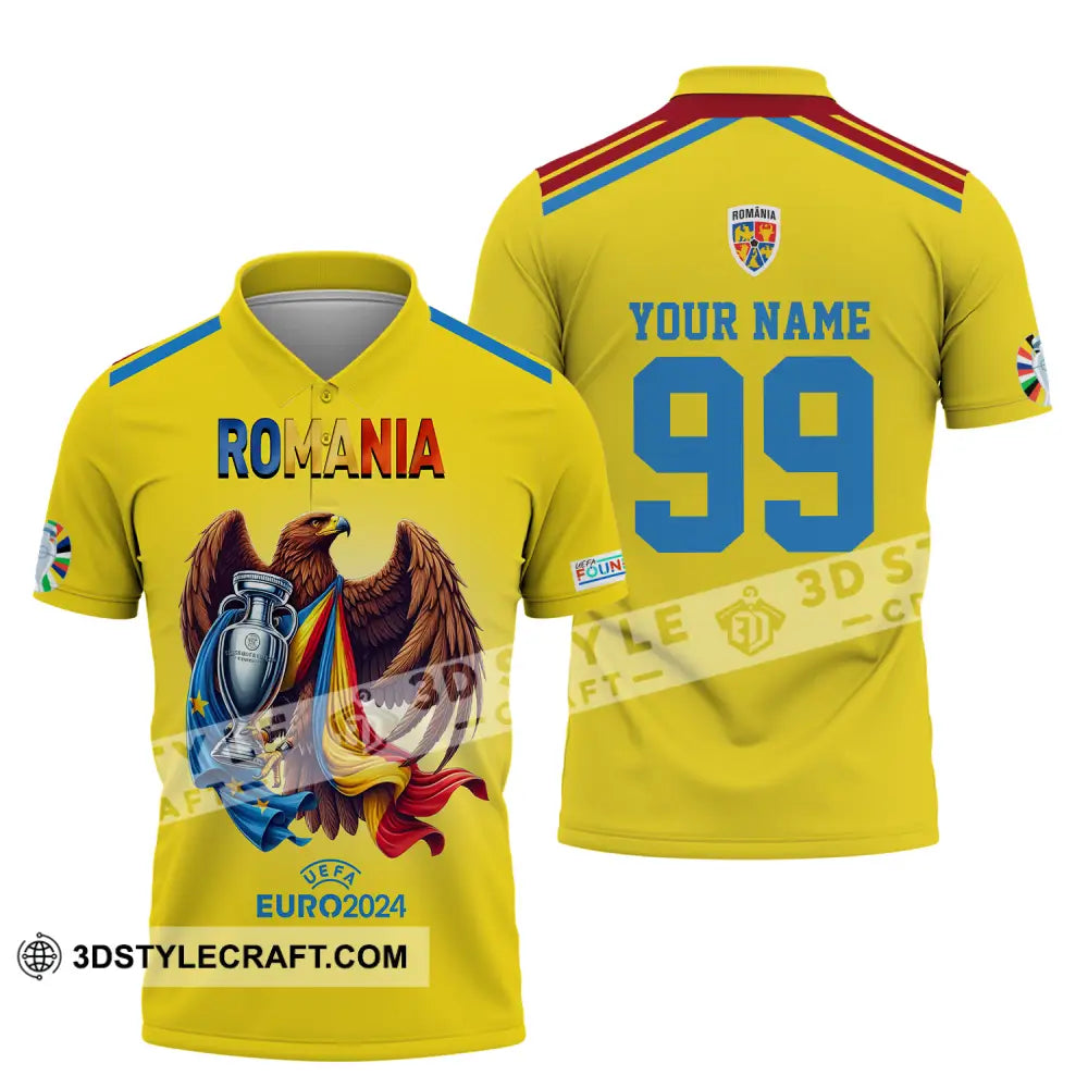 Unisex Shirt - Custom Name And Number Euro 2024 Romania Gold Cup Polo / S T-Shirt