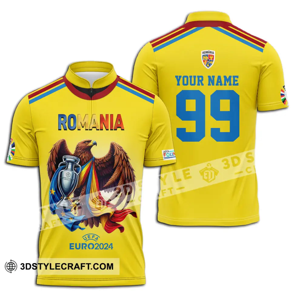 Unisex Shirt - Custom Name And Number Euro 2024 Romania Gold Cup Zipper Polo / S T-Shirt