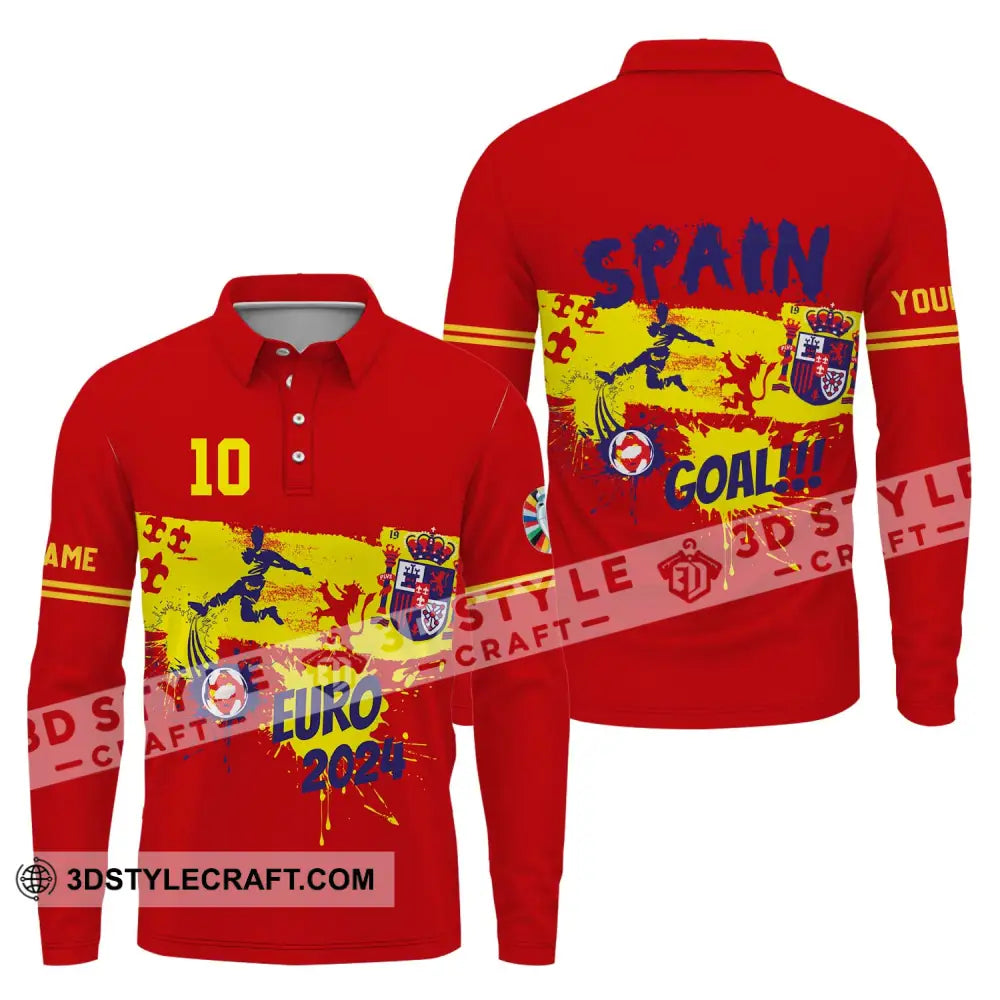 Unisex Shirt - Custom Name And Number Euro 2024 Spain Goal! Long Sleeve Polo / S T-Shirt