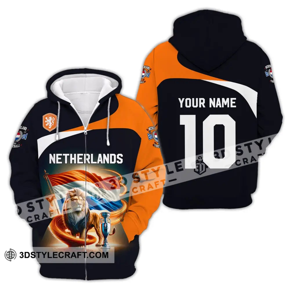 Unisex Shirt Custom Name And Number Football T-Shirt Euro 2024 Netherlands Polo Long Sleeve Zipper