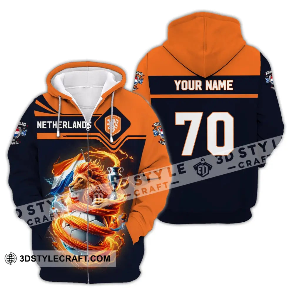 Unisex Shirt Custom Name And Number Football T-Shirt Euro 2024 Netherlands Polo Long Sleeve Zipper