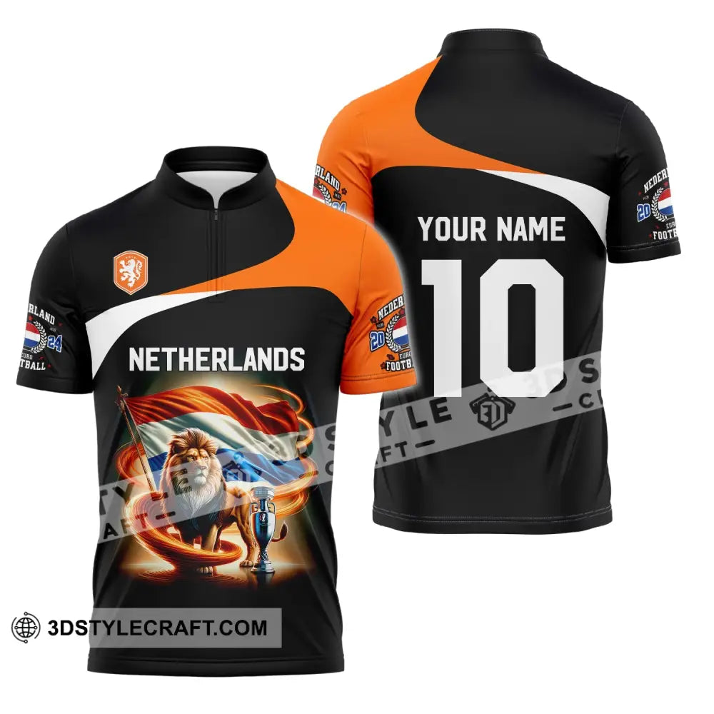 Unisex Shirt Custom Name And Number Football T-Shirt Euro 2024 Netherlands Polo Long Sleeve Zipper