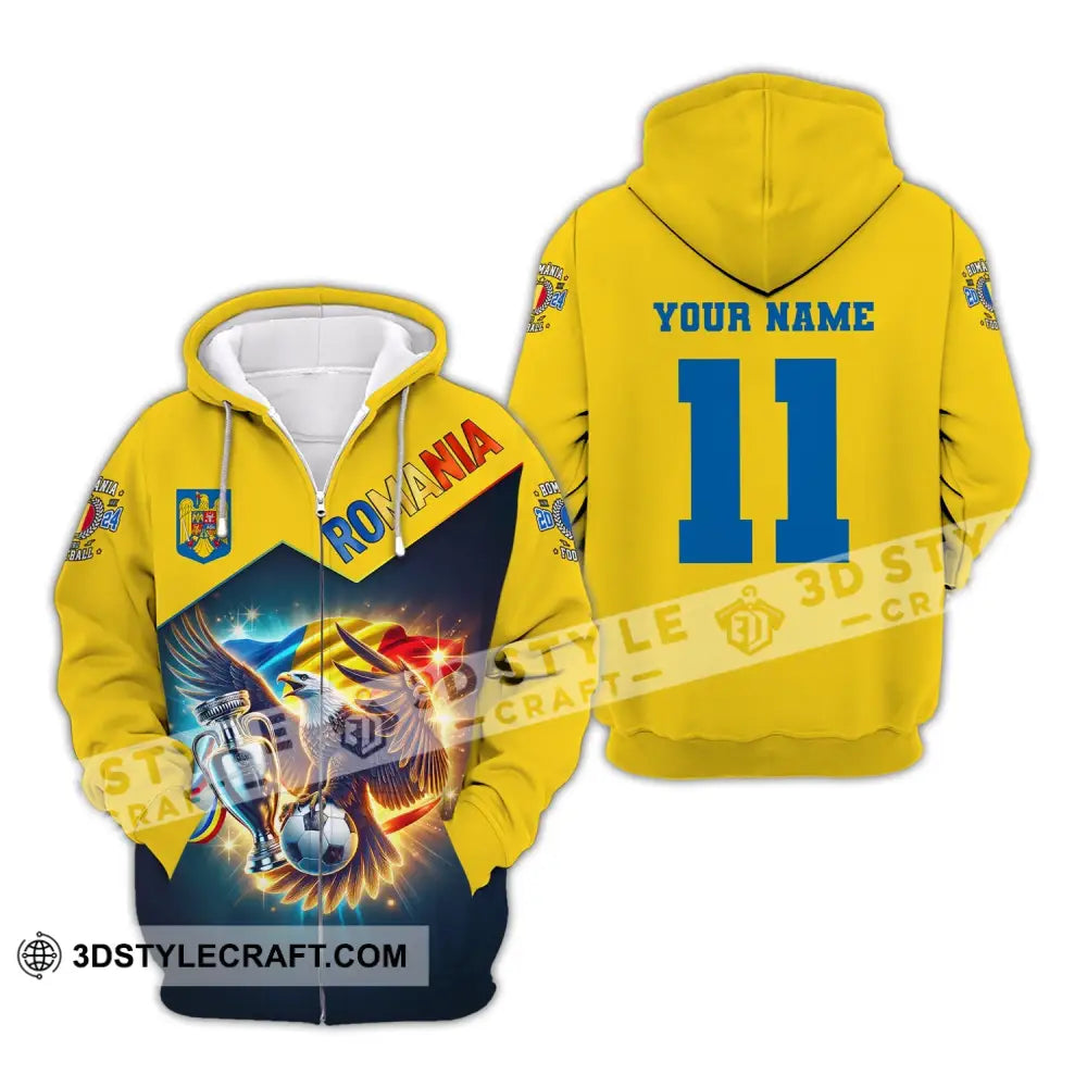 Unisex Shirt Custom Name And Number Football T-Shirt Euro 2024 Romania Polo Long Sleeve Zipper