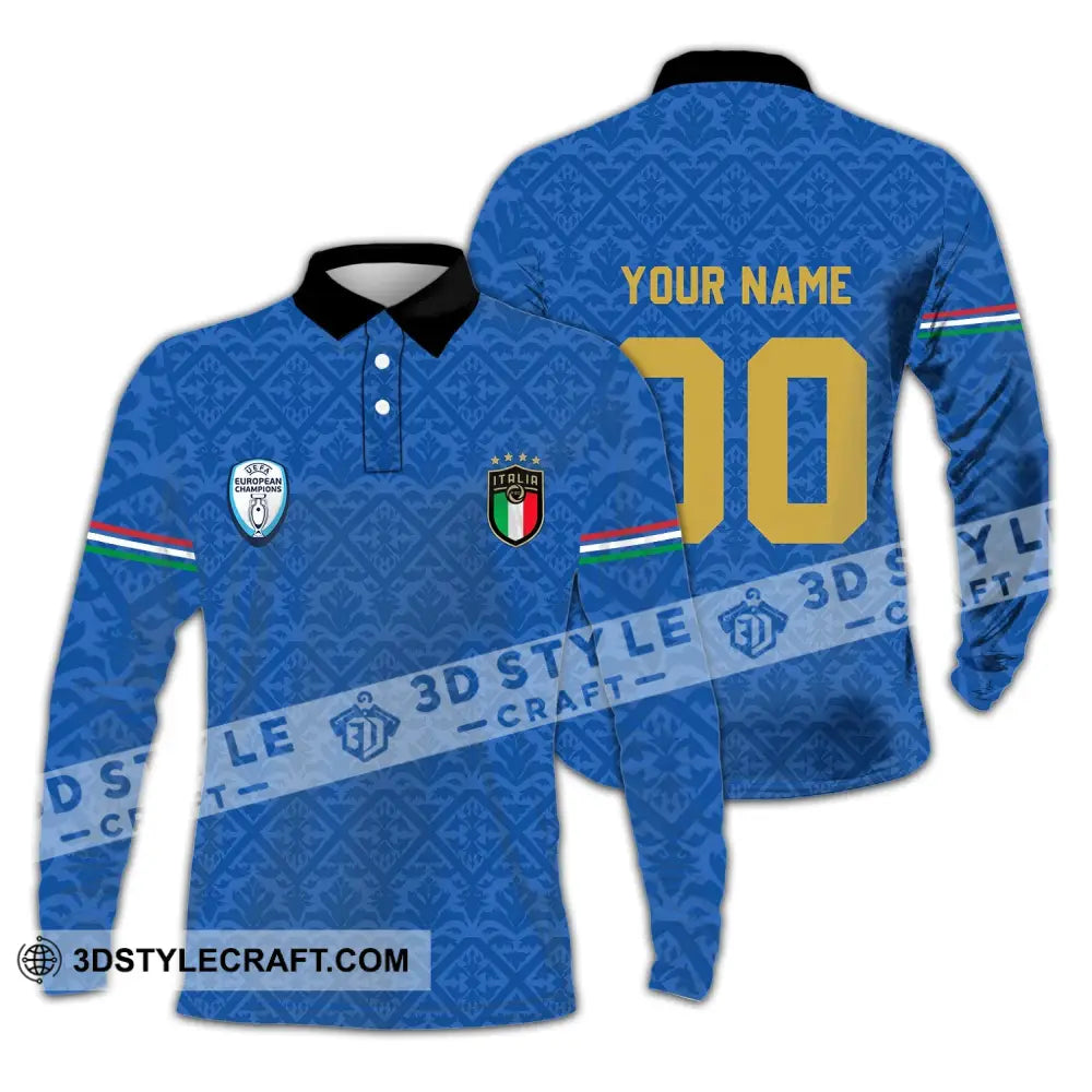 Unisex Shirt - Custom Name And Number Italy National Team Blue Color Long Sleeve Polo / S T-Shirt