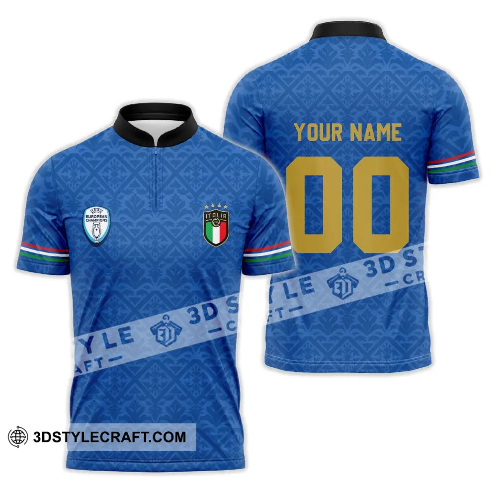 Unisex Shirt - Custom Name And Number Italy National Team Blue Color Zipper Polo / S T-Shirt