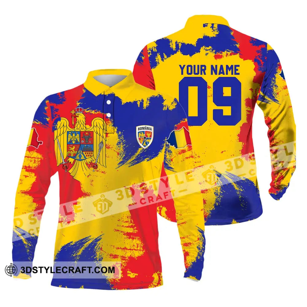 Unisex Shirt - Custom Name And Number National Team Flag Color Romania Long Sleeve Polo / S T-Shirt