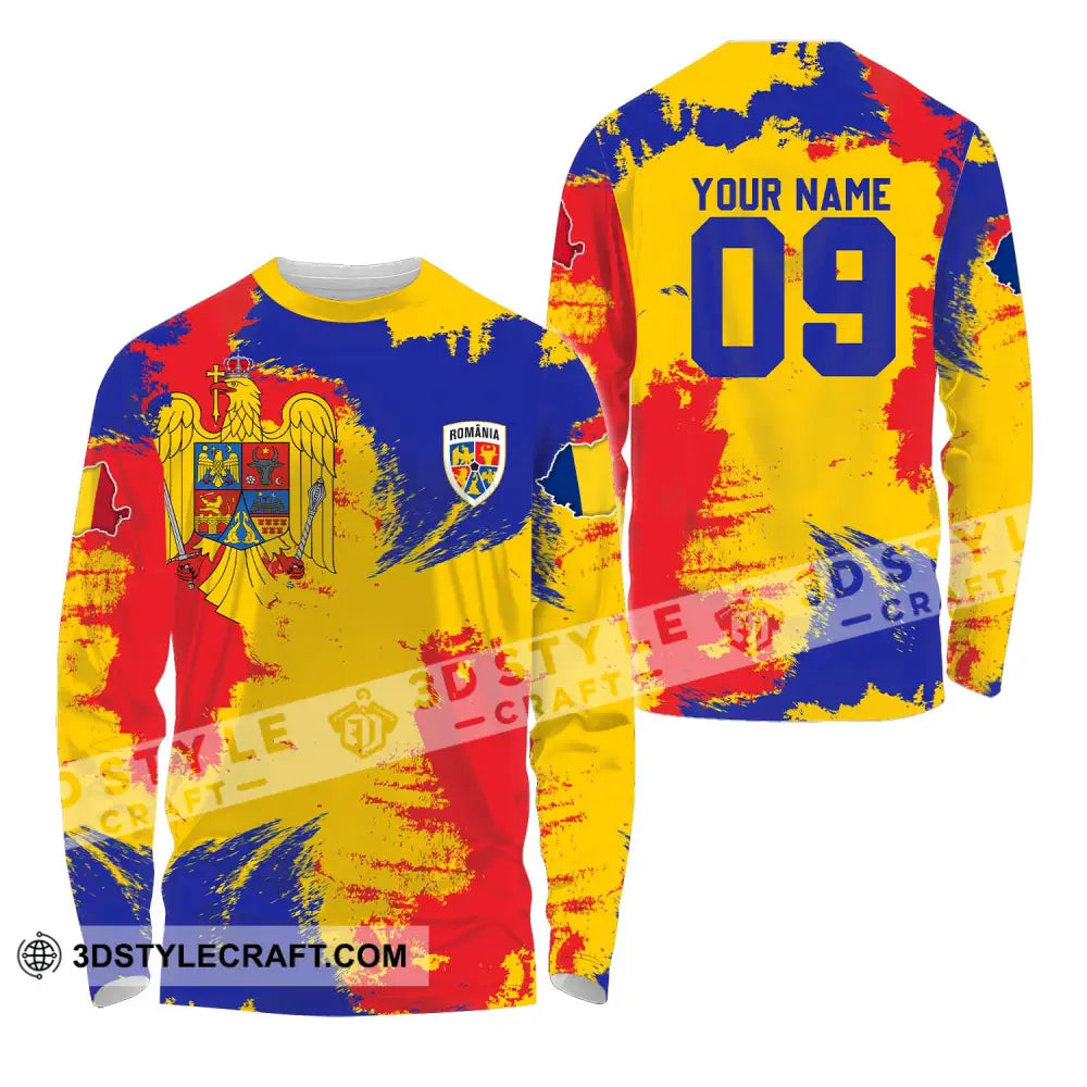 Unisex Shirt - Custom Name And Number National Team Flag Color Romania Long Sleeve / S T-Shirt