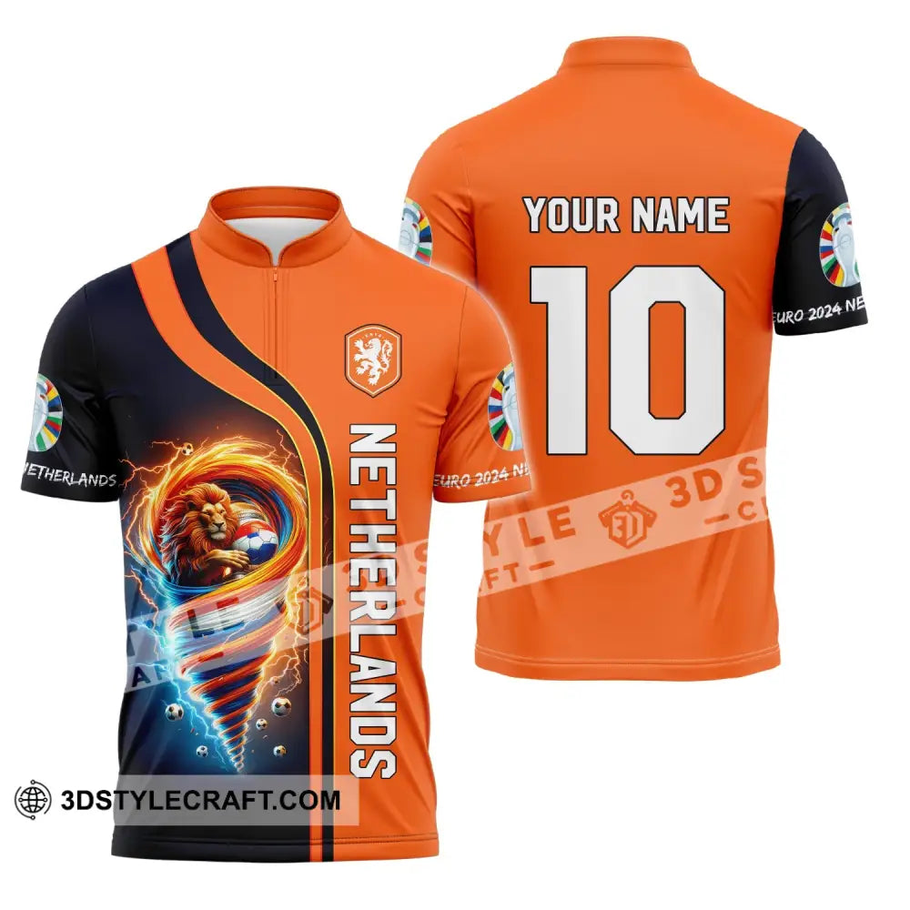 Unisex Shirt Custom Name And Number Netherlands Euro 2024 Football Polo Long Sleeve Zipper / S