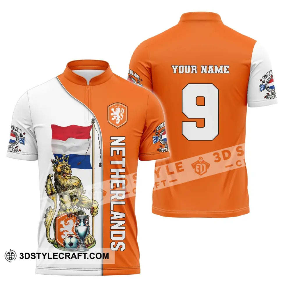 Unisex Shirt Custom Name And Number Netherlands Euro 2024 Football Polo Long Sleeve Zipper / S