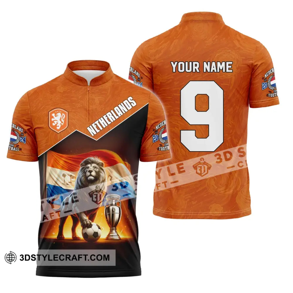 Unisex Shirt Custom Name And Number Netherlands Euro 2024 Football Polo Long Sleeve Zipper / S