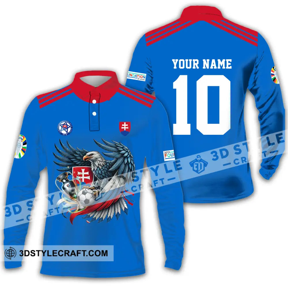 Unisex Shirt - Custom Name And Number Slovakia National Team Blue Euro 2024 Long Sleeve Polo / S