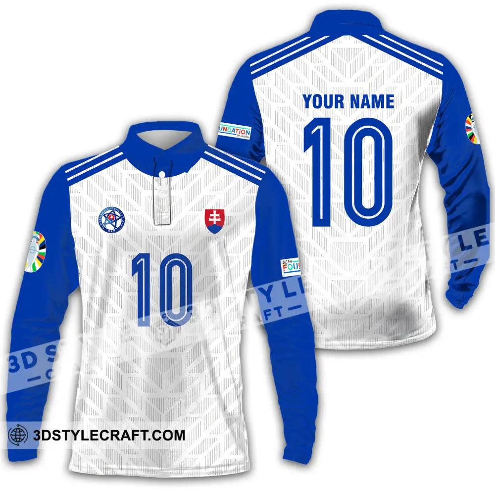 Unisex Shirt - Custom Name And Number Slovakia National Team White Blue Euro 2024 Long Sleeve Polo