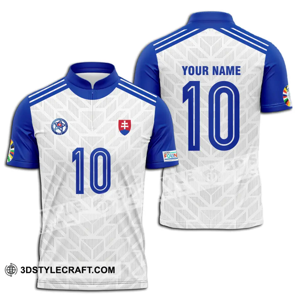 Unisex Shirt - Custom Name And Number Slovakia National Team White Blue Euro 2024 Zipper Polo / S