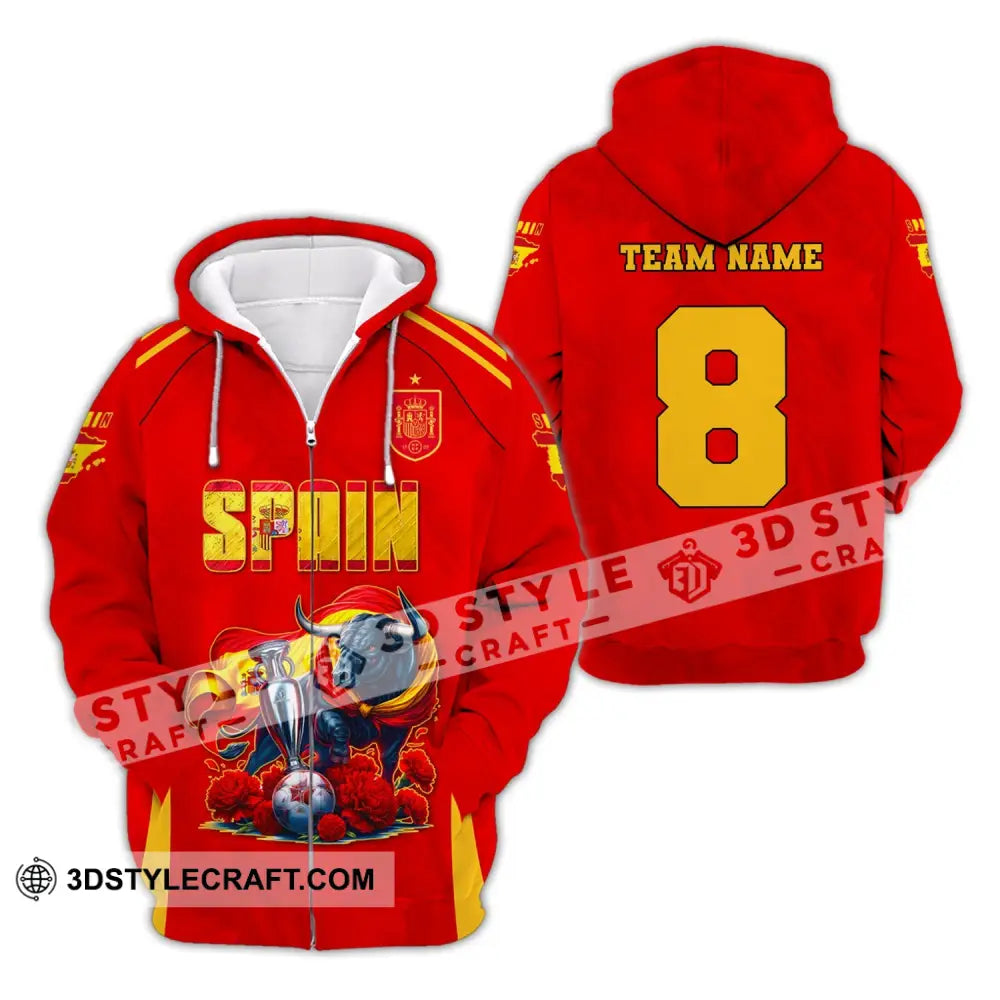 Unisex Shirt Custom Name And Number Spain Football Euro 2024 Polo Long Sleeve Zipper Hoodie / S