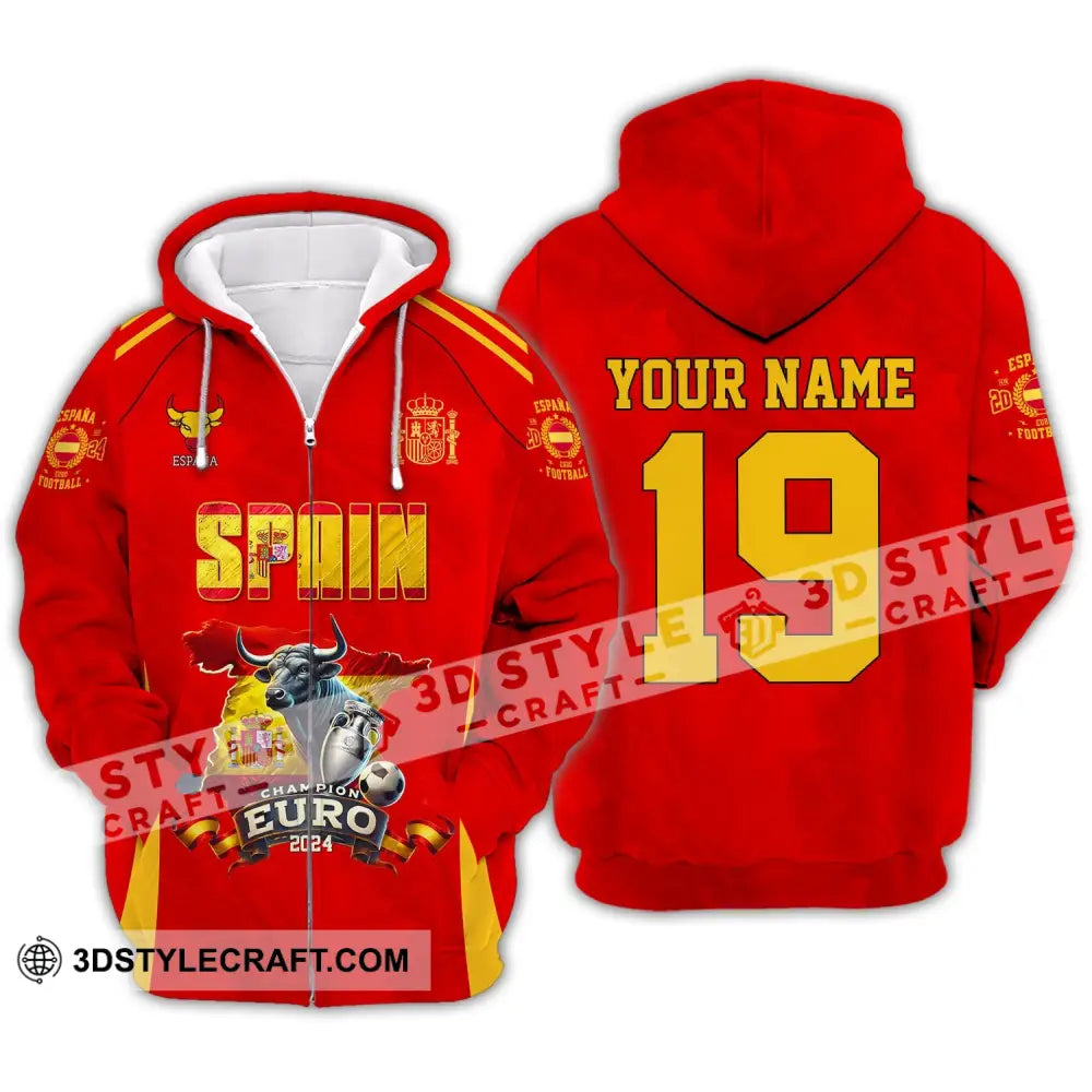 Unisex Shirt Custom Name And Number Spain Football Polo Euro 2024 Hoodie Long Sleeve Zipper / S