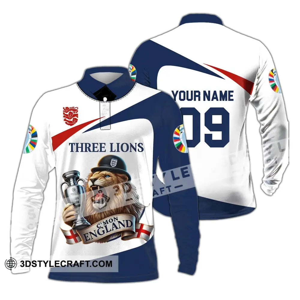 Unisex Shirt - Custom Name And Number Sport C’mon England Three Lions Long Sleeve Polo / S T-Shirt