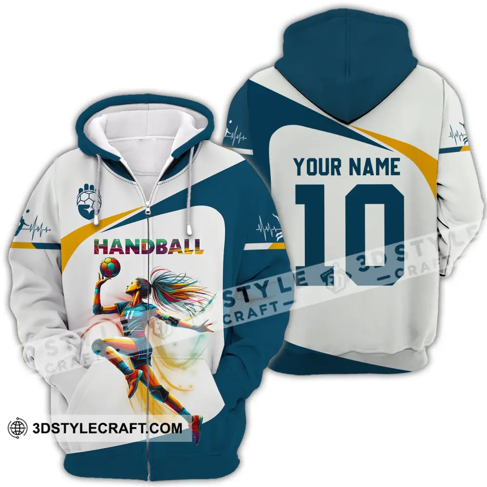 Unisex Shirt - Custom Name And Number Sport Handball White Blue Classic Zipper Hoodie / S T-Shirt