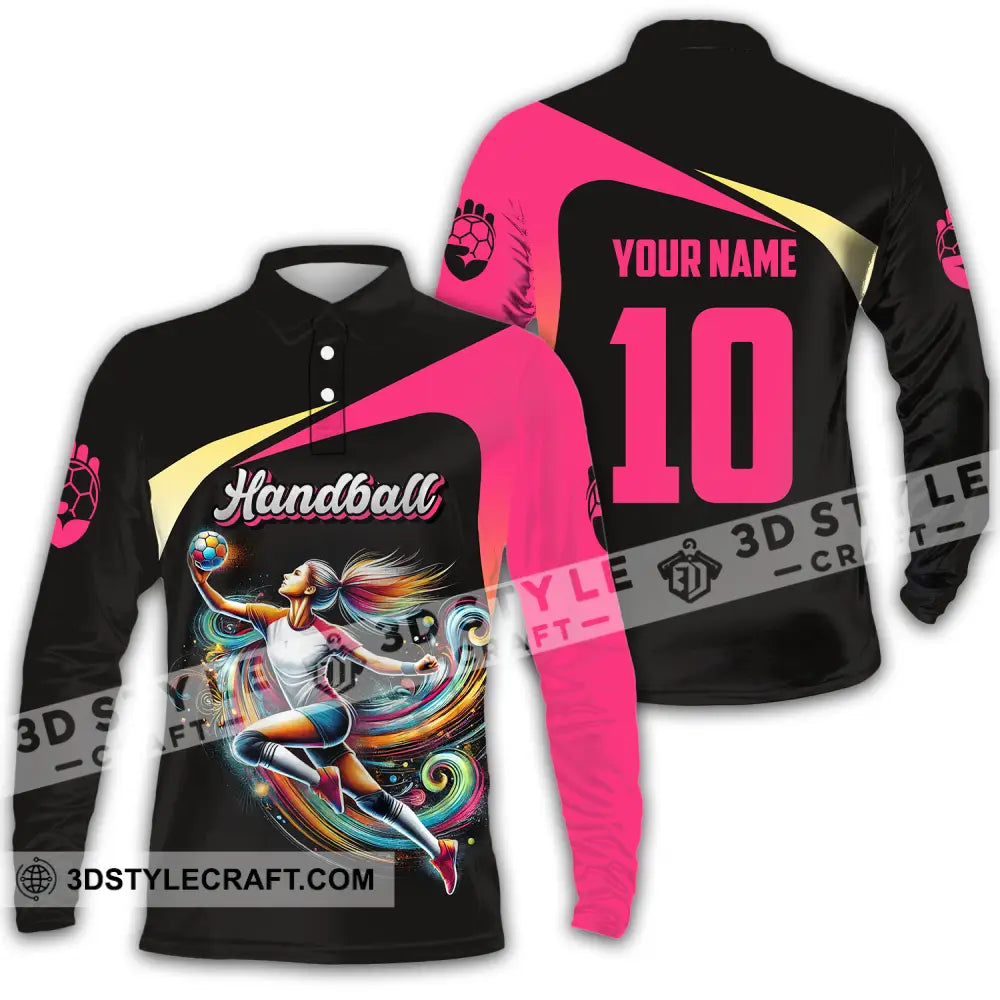 Unisex Shirt - Custom Name And Number Sport Hot Pink Handball Long Sleeve Polo / S T-Shirt