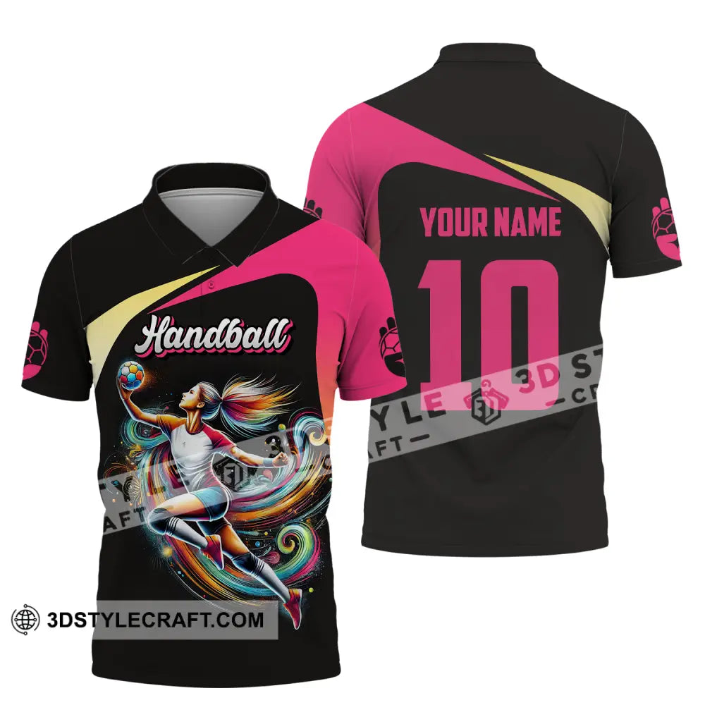 Unisex Shirt - Custom Name And Number Sport Hot Pink Handball Polo / S T-Shirt