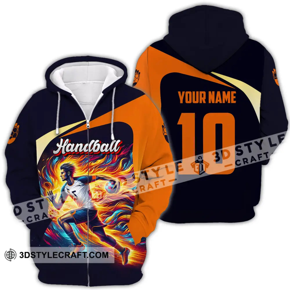 Unisex Shirt - Custom Name And Number Sport Orange Handball Zipper Hoodie / S T-Shirt