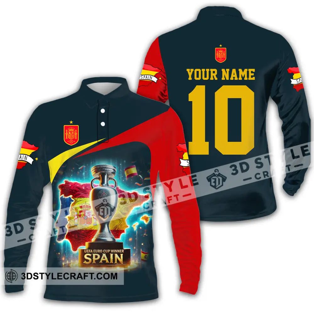 Unisex Shirt - Custom Name And Number Sport Winner Cup Of Spain Long Sleeve Polo / S T-Shirt
