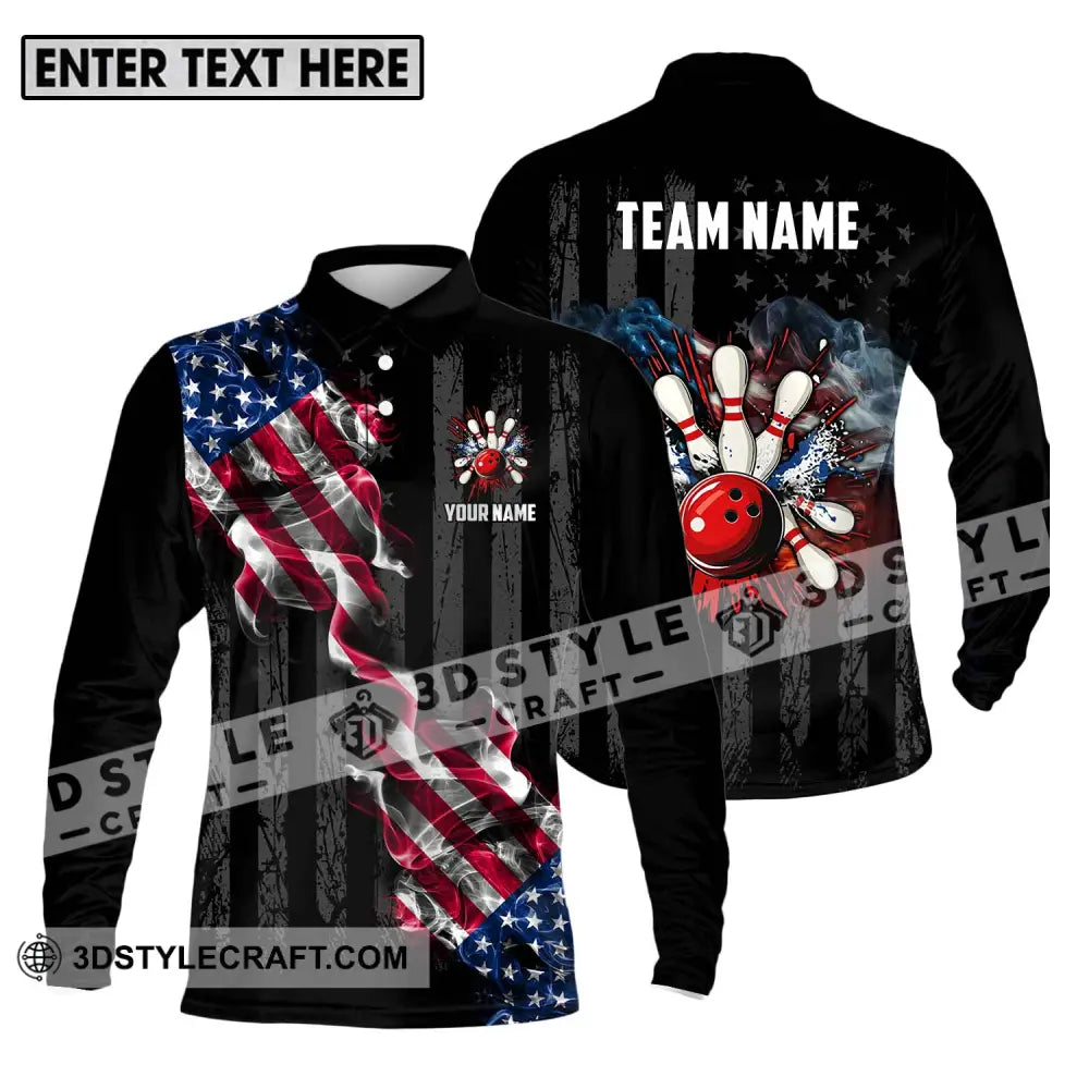 Unisex Shirt - Custom Name And Team America Bowling Sport Long Sleeve Polo / S T-Shirt