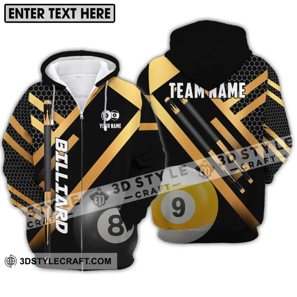 Unisex Shirt - Custom Name And Team Billiard Gold Black Zipper Hoodie / S T-Shirt