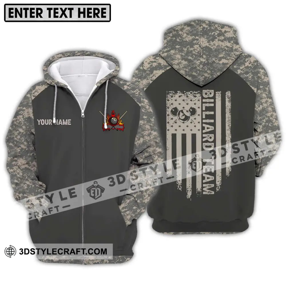 Unisex Shirt - Custom Name And Team Billiard Lover Camo Zipper Hoodie / S T-Shirt