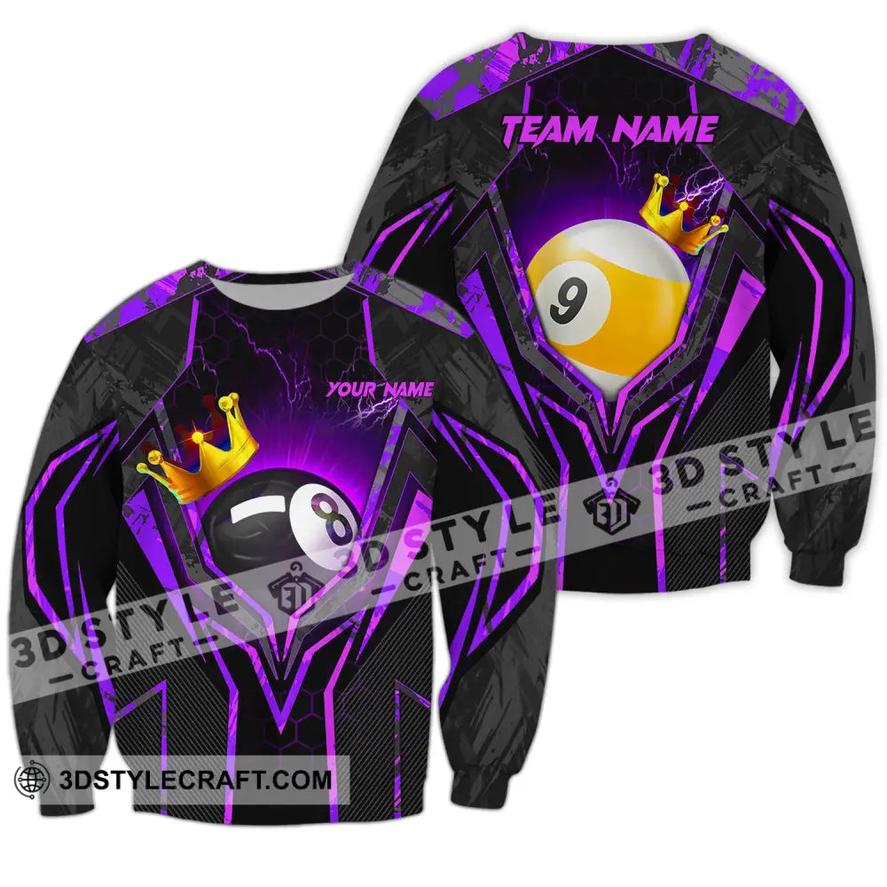 Unisex Shirt - Custom Name And Team Billiard Purple Line Crown Long Sleeve / S T-Shirt