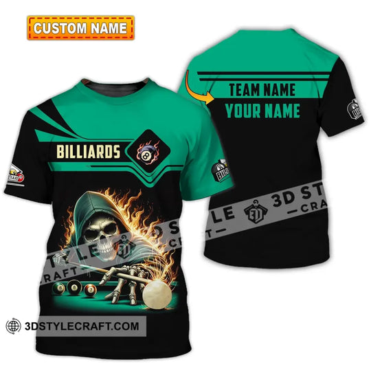 Unisex Shirt, Custom Name and Team Name Billiards Shirt, Billiards Polo Long Sleeve, Billiards Skull, Billiards T-Shirt style option 1