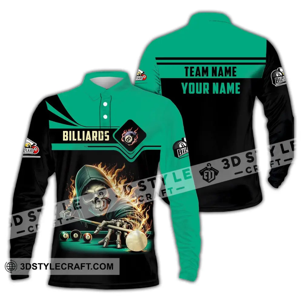 Unisex Shirt Custom Name And Team Billiards Polo Long Sleeve Skull T-Shirt / S