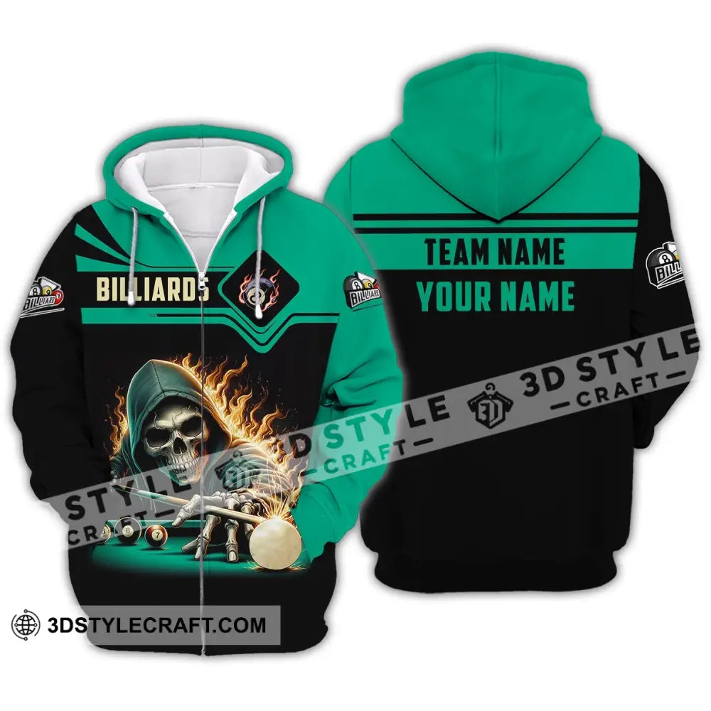 Unisex Shirt Custom Name And Team Billiards Polo Long Sleeve Skull T-Shirt Zipper Hoodie / S