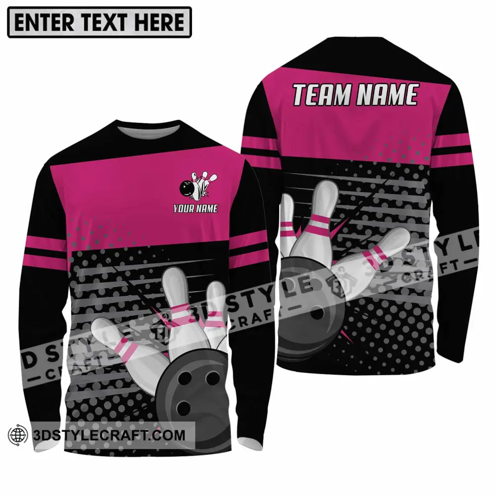 Unisex Shirt - Custom Name And Team Black Pink With Bowling Pins Long Sleeve / S T-Shirt