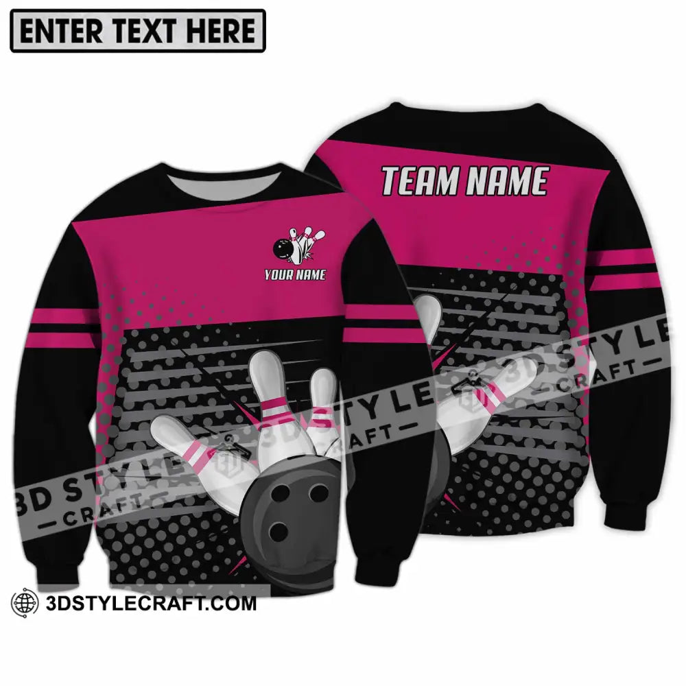 Unisex Shirt - Custom Name And Team Black Pink With Bowling Pins Long Sleeve / S T-Shirt