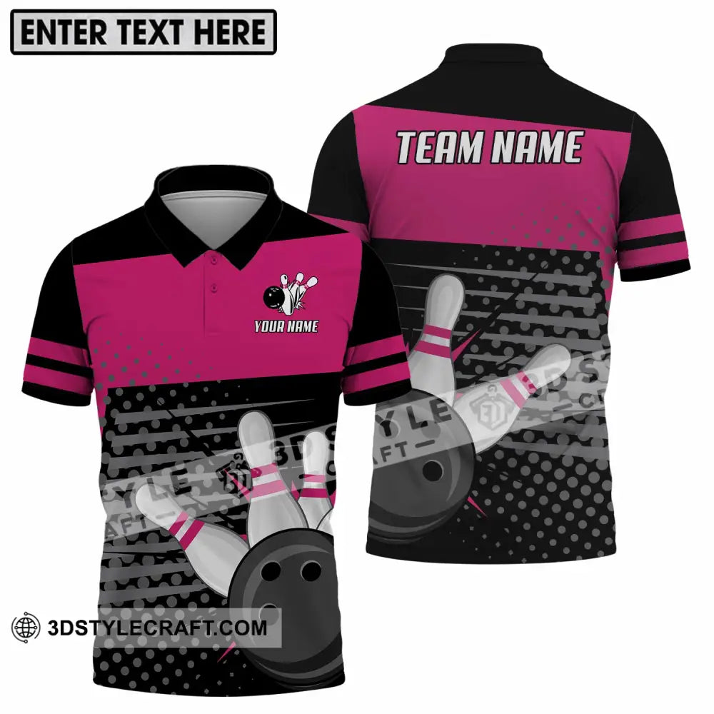 Unisex Shirt - Custom Name And Team Black Pink With Bowling Pins Polo / S T-Shirt