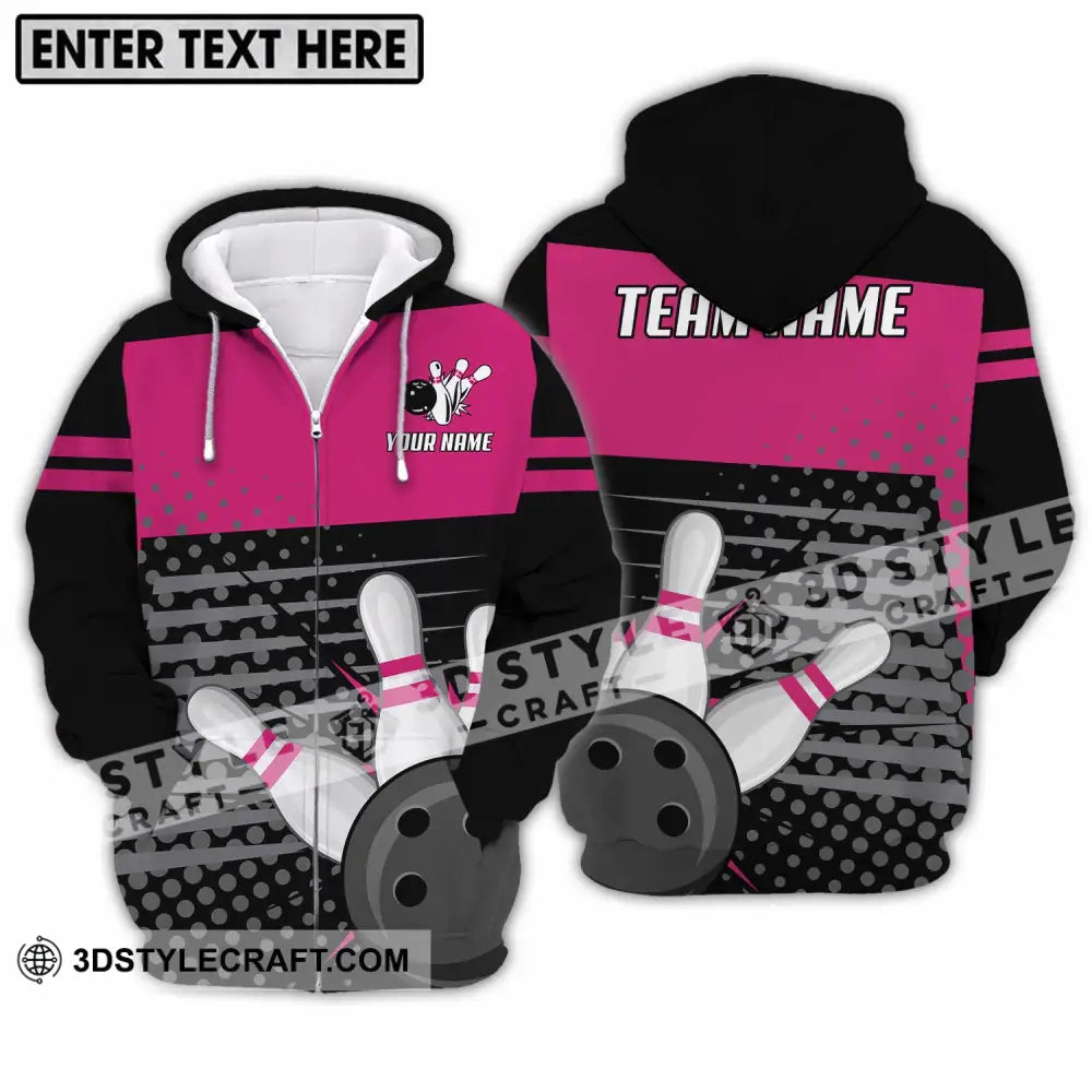 Unisex Shirt - Custom Name And Team Black Pink With Bowling Pins Zipper Hoodie / S T-Shirt