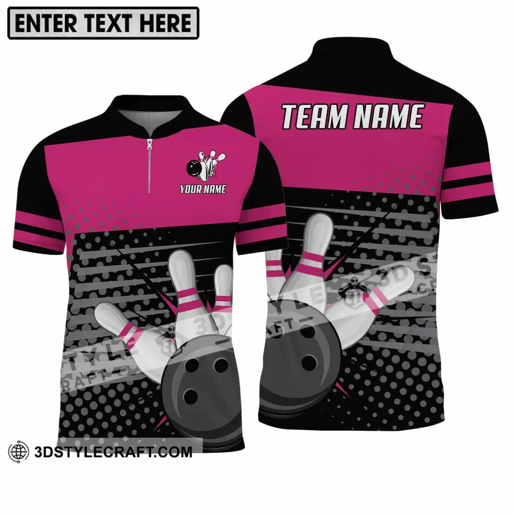 Unisex Shirt - Custom Name And Team Black Pink With Bowling Pins Zipper Polo / S T-Shirt