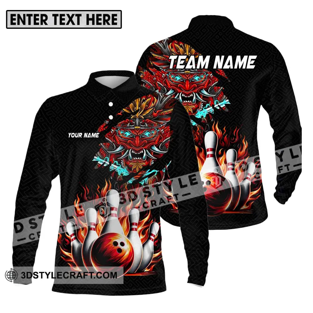 Unisex Shirt - Custom Name And Team Bowling Fire Dragon Head Long Sleeve Polo / S T-Shirt