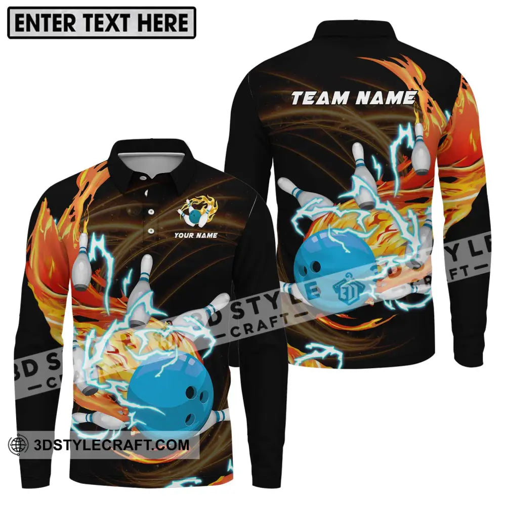 Unisex Shirt - Custom Name And Team Bowling Fire Water Long Sleeve Polo / S T-Shirt