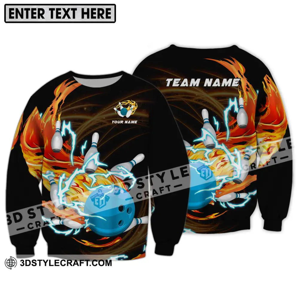 Unisex Shirt - Custom Name And Team Bowling Fire Water Long Sleeve / S T-Shirt